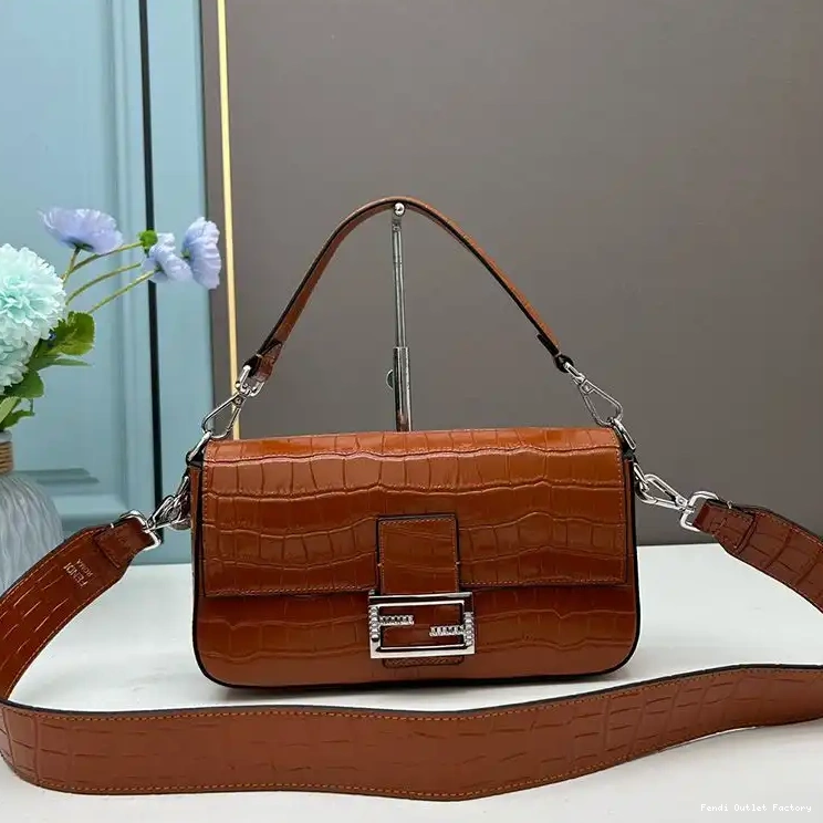 HOT Re-Edition Leather Fendi Bag Brown In Medium Crocodile Baguette 0428